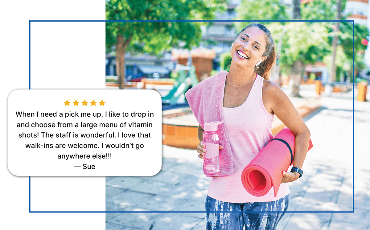 A cheerful woman in fitness wear, holding a water bottle and yoga mat, with a five-star customer testimonial overlaid. The review highlights positive experiences with 'vitamin shots' and staff, indicating services related to wellness, energy, and potentially weight loss or hormone balance in areas like Colleyville, Fort Worth, or Southlake.